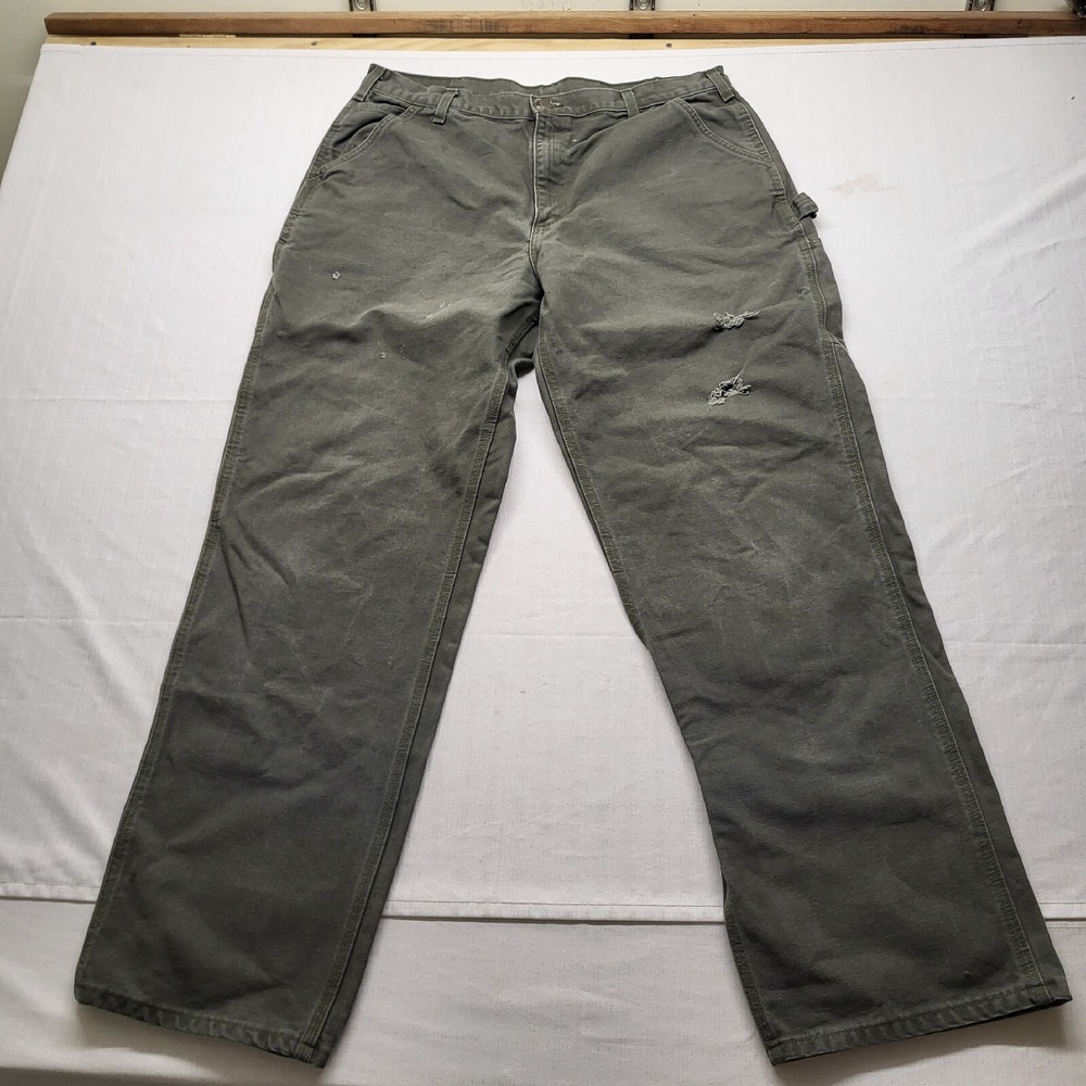 Carhartt Canvas Work Pants Mens Actual 36/33 Green Relaxed Carpenter Distressed - Picture 6 of 16